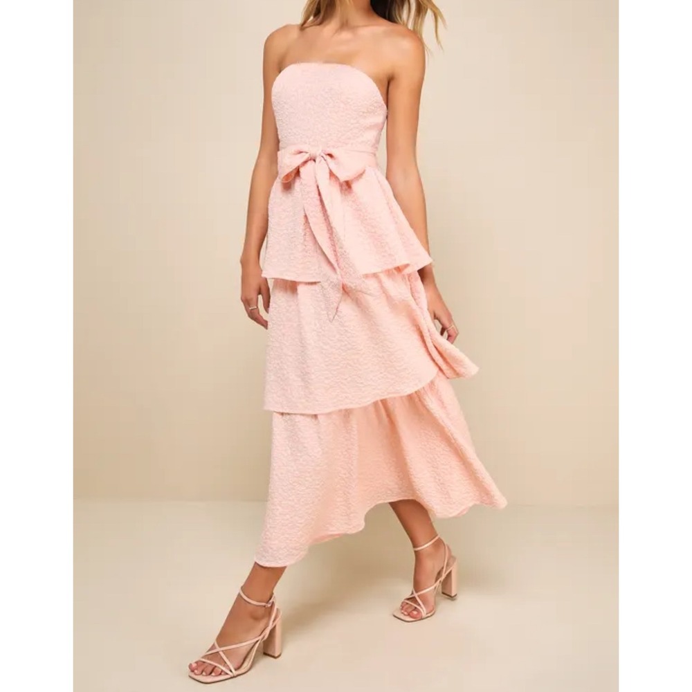 Lulus Truly Marvelous Pink Jacquard Strapless Tiered Midi Dress Bow Belt Size M - Picture 2 of 12
